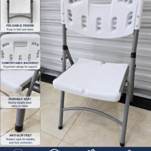 Portable plastic folding chair with white seat and grey steel frame