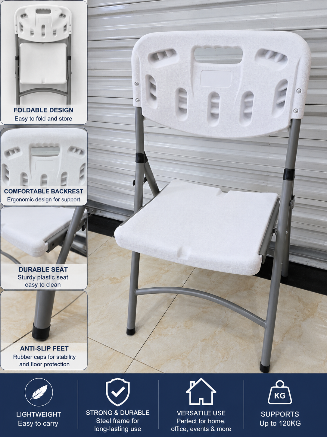 Portable plastic folding chair with white seat and grey steel frame