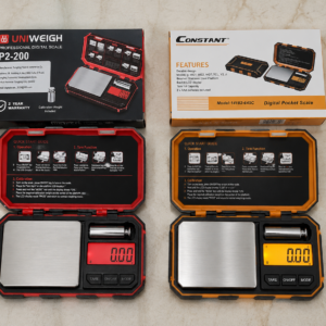 Constant Professional Digital Pocket Scale 200g x 0.01g with stainless steel platform and calibration weight.