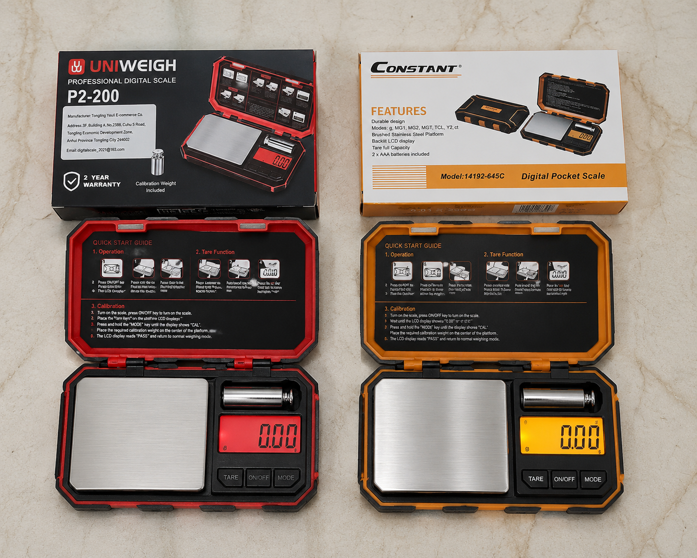 Constant Professional Digital Pocket Scale 200g x 0.01g with stainless steel platform and calibration weight.