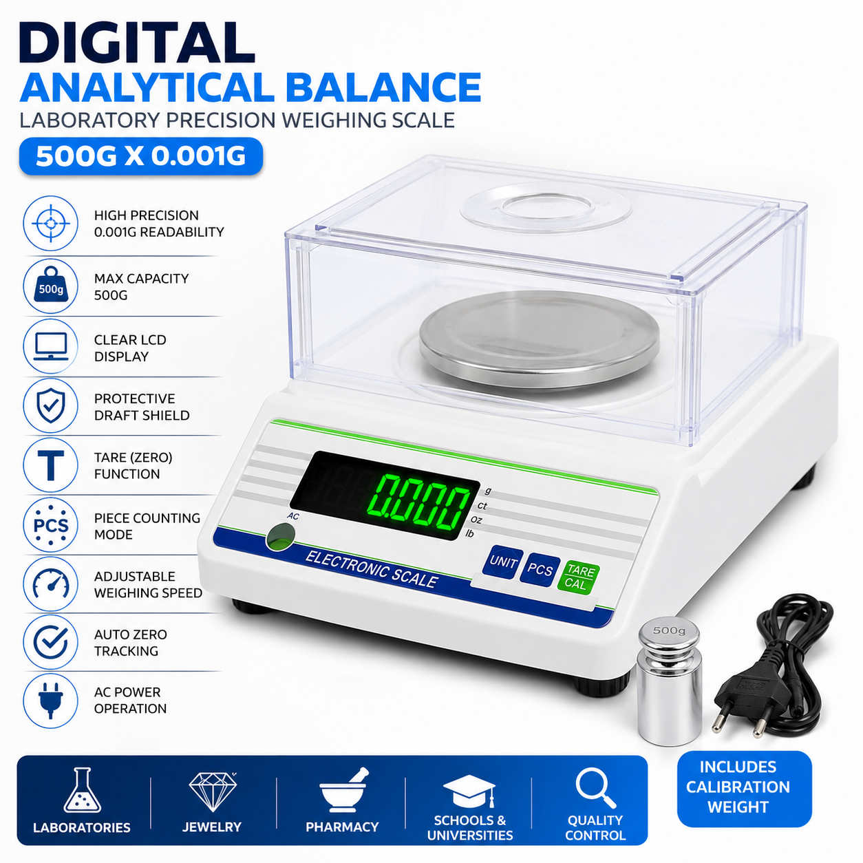 Digital Analytical Balance Laboratory Precision Weighing Scale 500g x 0.001g
