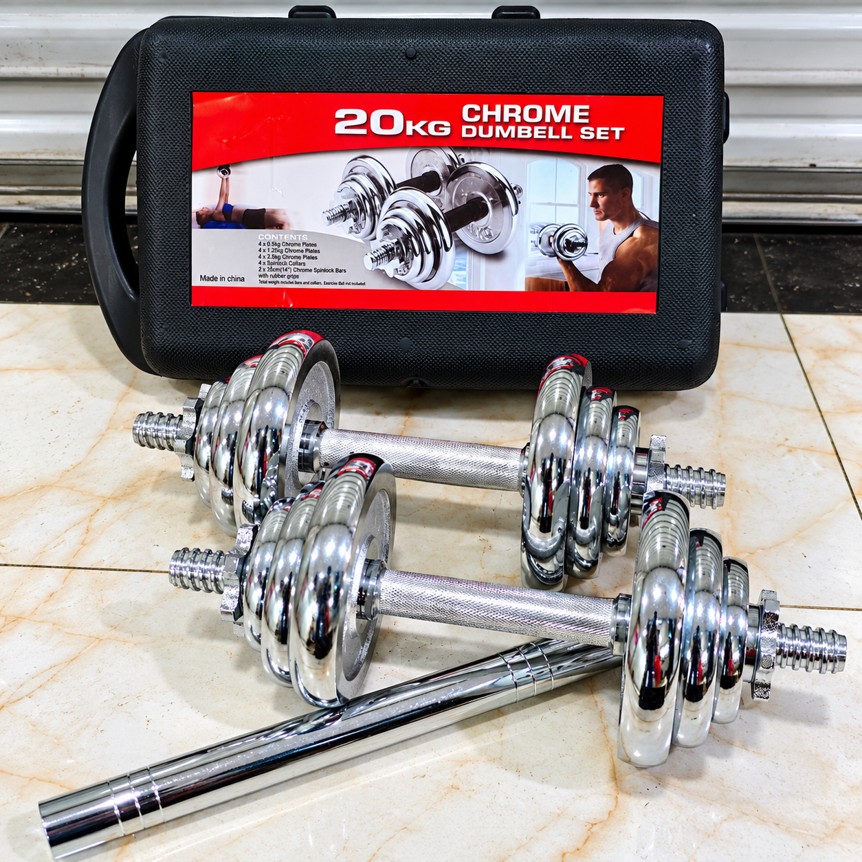 20kg adjustable dumbbell set with chrome plates, connector bar and carry case